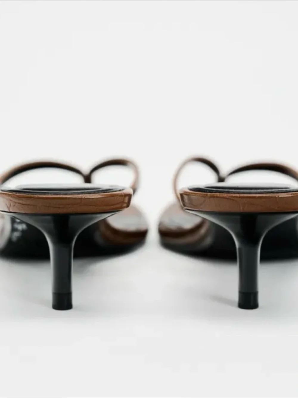 Zara Brown Croc-Embossed Square-Toe Thong Kitten Heel Sandal 38 - Picture 2 of 7